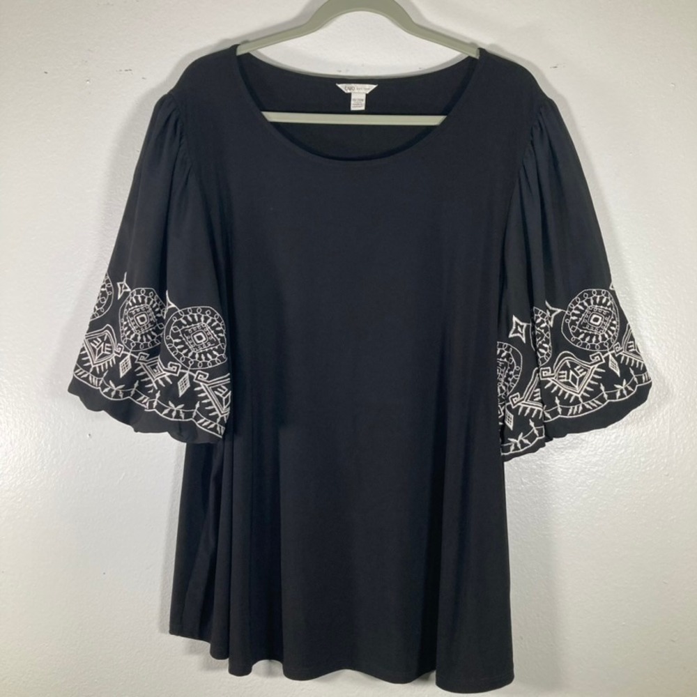 Cato Womens Black Embroidered Bell Sleeve Scoop Neck Knit Top Plus Size 18/20W